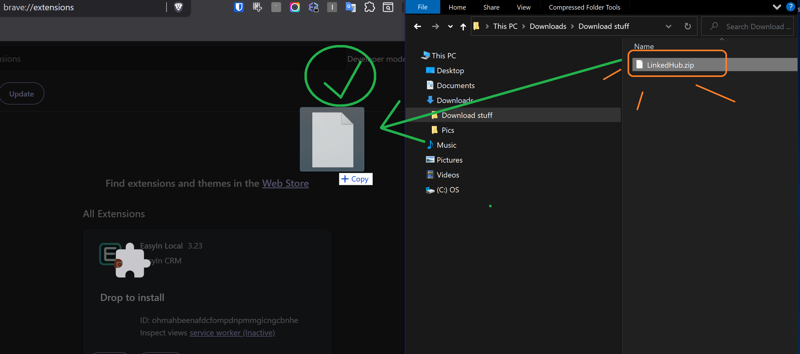 Dragging LinkedHub zip file into Chrome extensions page
