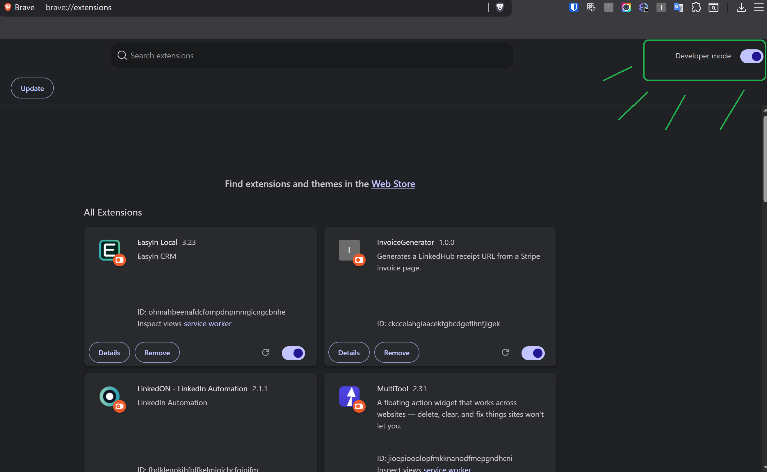 Chrome extensions page with Developer mode on