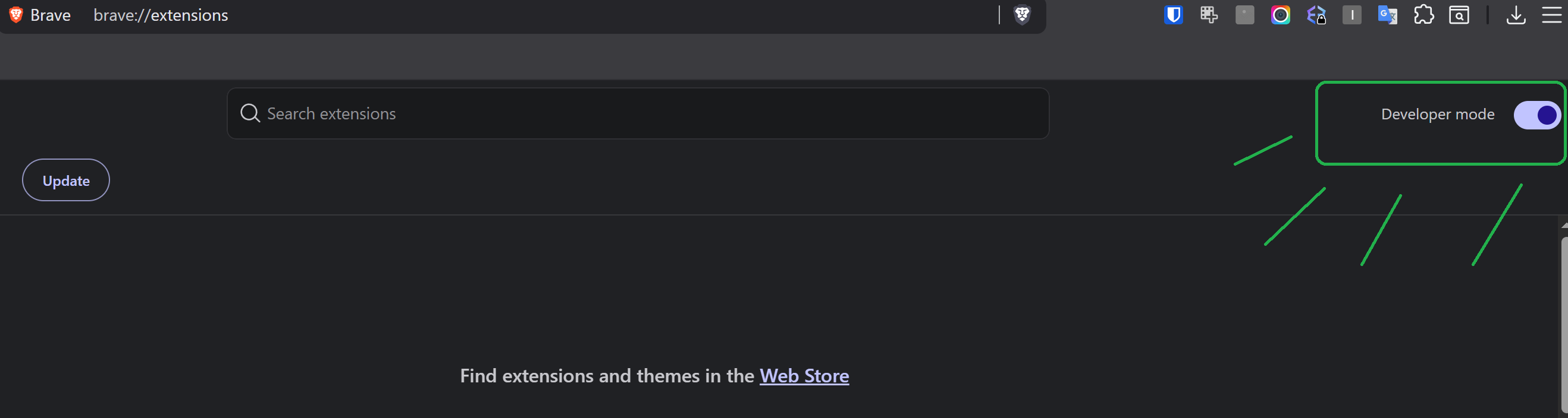 Chrome extensions page with Developer mode on