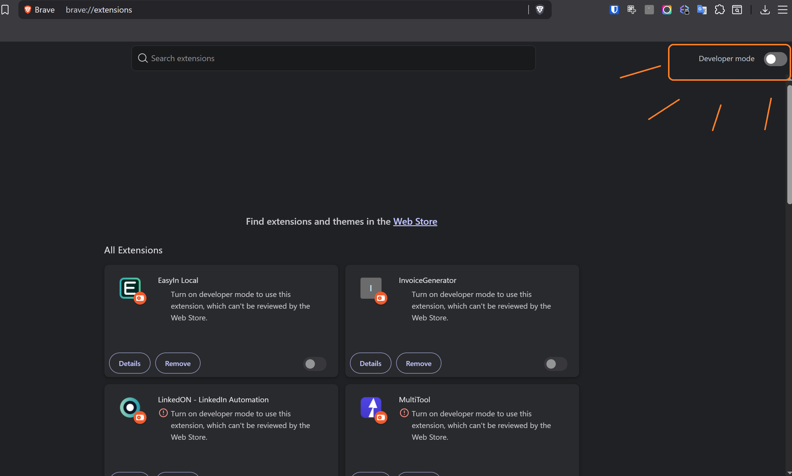 Chrome extensions page with Developer mode off